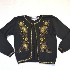 Westbound Petites Black Sequins Beaded‎ Paisley Cardigan Sweater Small
